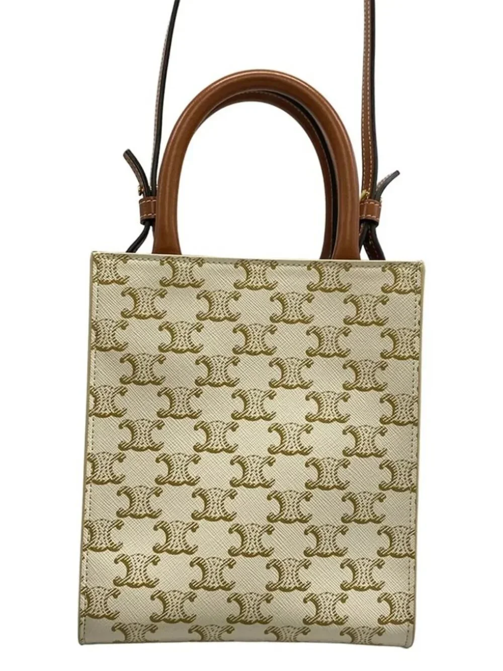 CELINE Mini Vertical Cabas Cream Brown Triomphe Canvas Calf Skin Tote Bag
